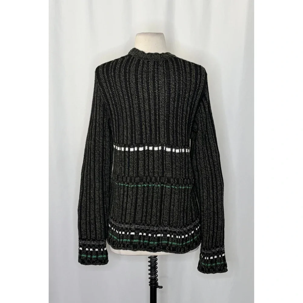 DRIES‎ VAN NOTEN Green Striped Pullover Knit Sweater V Neck Medium